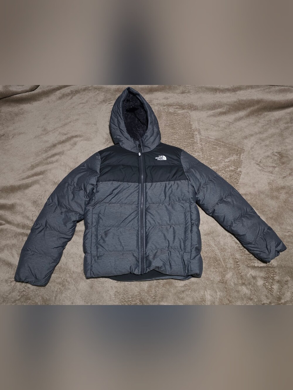 VGUC Youth North Face Moondoggy Hooded Jacket 550 Size Large (14/16) Black/Gray